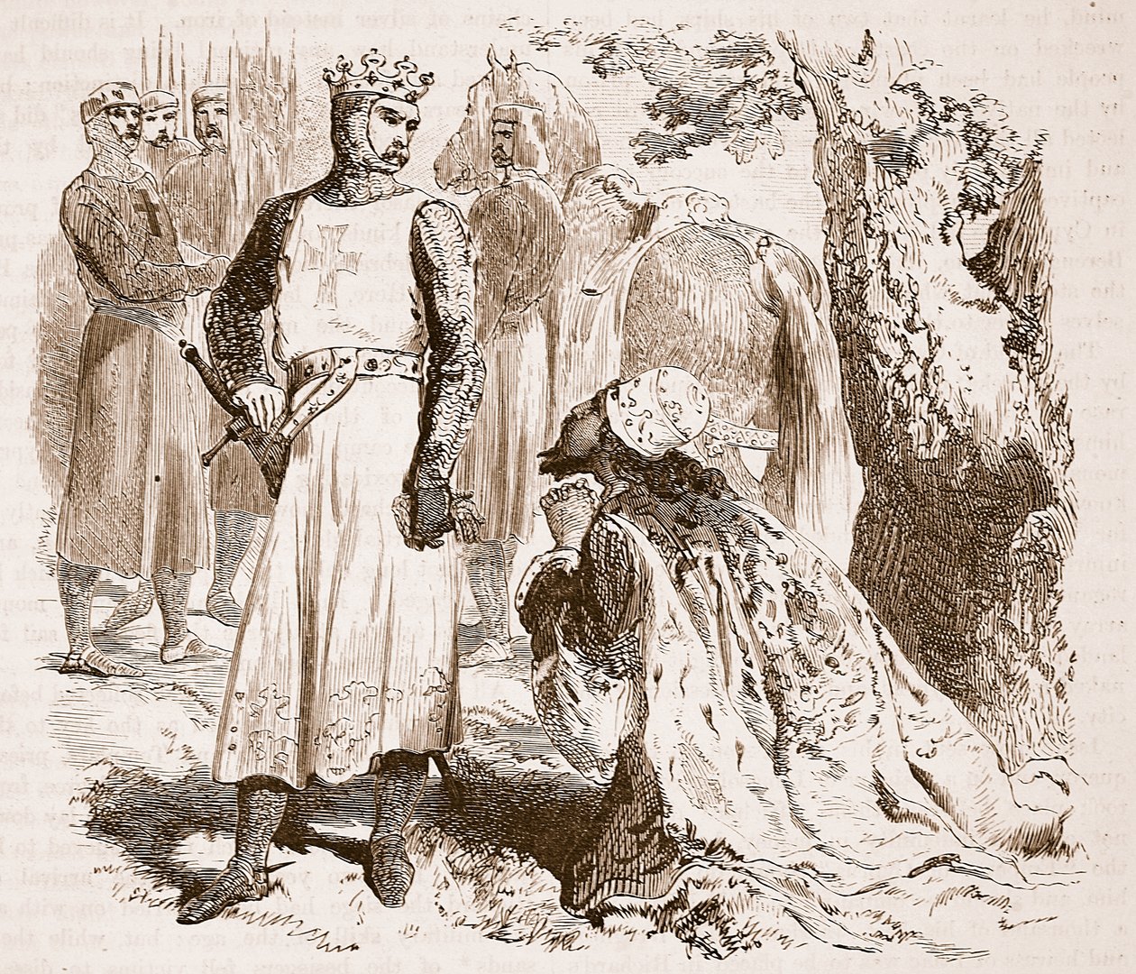 إسحاق من قبرص يتوسل للإفراج عن ابنته ، رسم توضيحي من Cassells Illustrated History of England (sepia photo) بواسطة مدرسة اللغة الإنجليزية