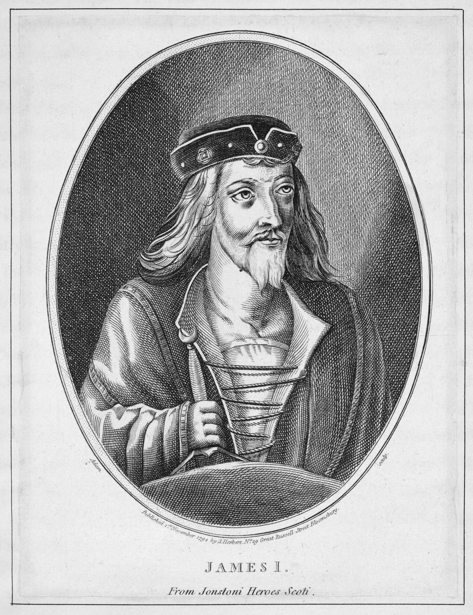 جيمس الأول (1394-1437) ، ملك اسكتلندا ، من Johnstones Scottish Heroes ، منقوش بواسطة Adam ، تم نشره عام 1794 بواسطة مدرسة اللغة الإنجليزية