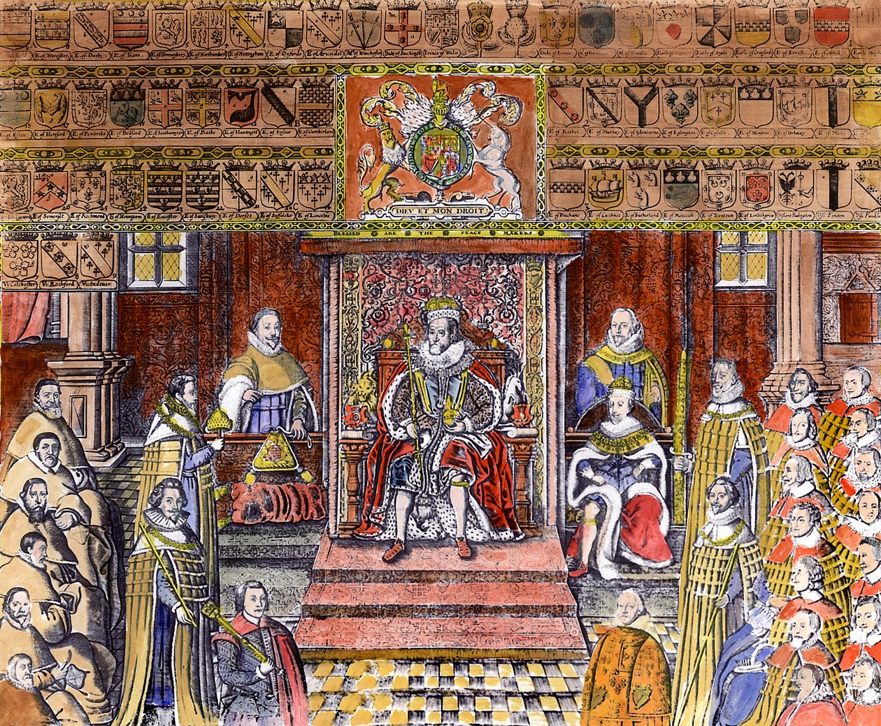 جيمس الأول من إنجلترا (1566-1625) في المحكمة (النقش) (تلوين لاحق) بواسطة مدرسة اللغة الإنجليزية