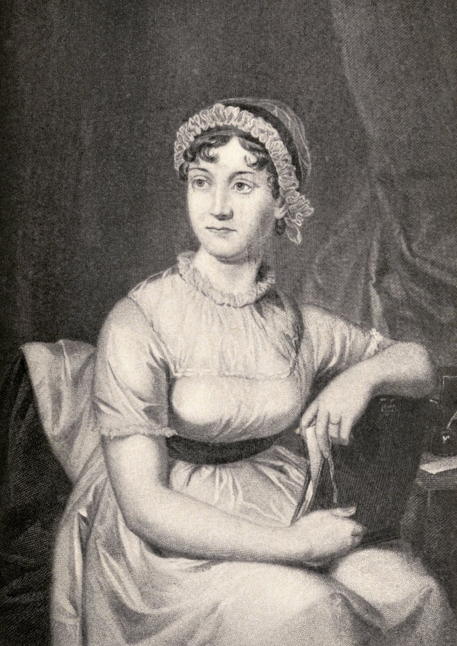جين أوستن (1775-1817) رسم توضيحي من "الرحلات الصغيرة إلى منازل النساء المشهورات" ، تم نشره عام 1897 (انظر أيضًا 331580) بواسطة مدرسة اللغة الإنجليزية