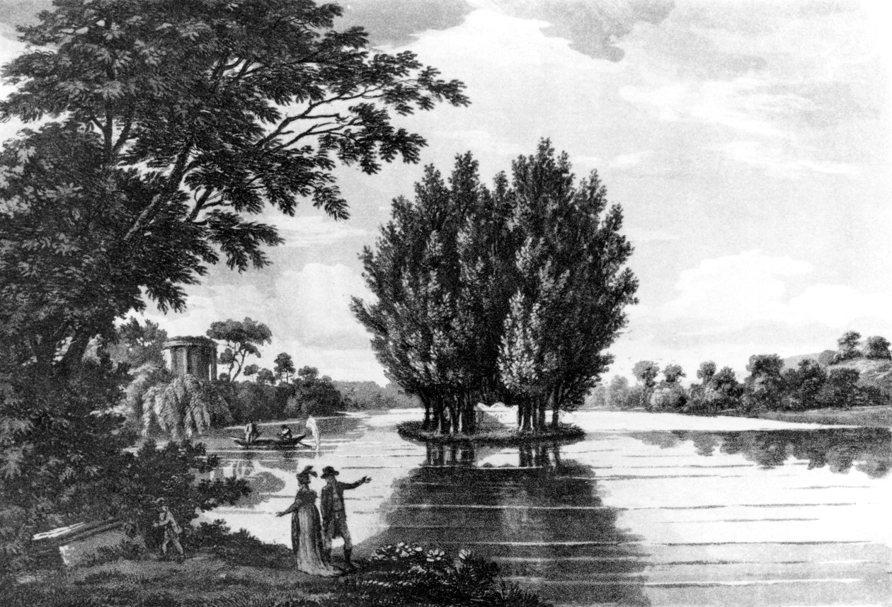 مقبرة جان جاك روسيا (1712-78) في إرمينونفيل ، من جولة رياضية عبر فرنسا في سلسلة من الرسائل إلى إيرل دارلينجتون من قبل العقيد توماس ثورنتون ، تم نشرها عام 1806 (وزن الصورة بواسطة مدرسة اللغة الإنجليزية