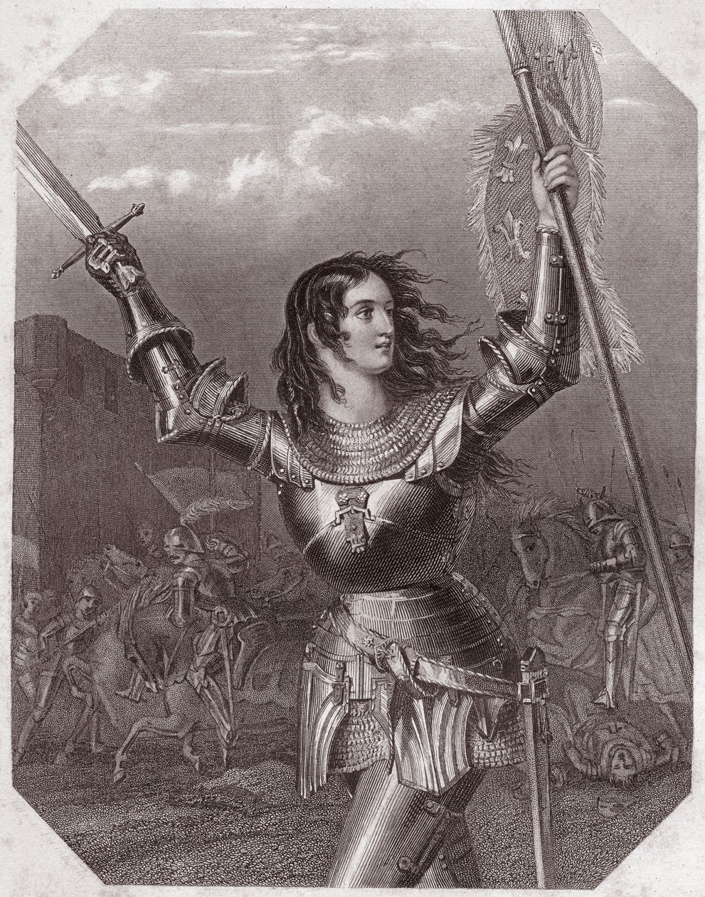 جان دارك (مأساة هنري السادس في خمسة أعمال) - في - "" Galerie des femmes de Shakespeare ، مجموعة من خمسة وأربعين صورة جادة للفنانين الأوائل في لندن ، تم إثرائها بالإشعارات النقدية والأدبية "" حوالي عام 1838 - من " معرض صور س بواسطة مدرسة اللغة الإنجليزية