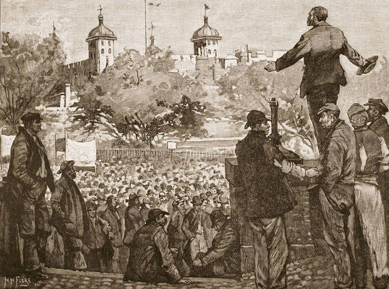 جون بيرنز يخاطب اجتماع عمال الأرصفة في برج هيل ، 1889 ، رسم توضيحي من تاريخ كاسيلس المصور لإنجلترا (صورة بني داكن) بواسطة مدرسة اللغة الإنجليزية