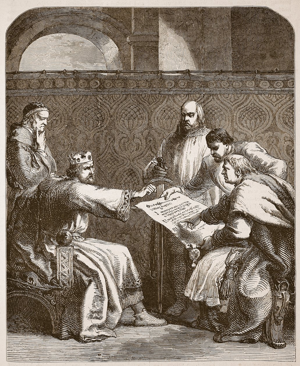جون يرفض التوقيع على مقالات البارونات ، رسم توضيحي من Cassells Illustrated History of England (sepia photo) بواسطة مدرسة اللغة الإنجليزية
