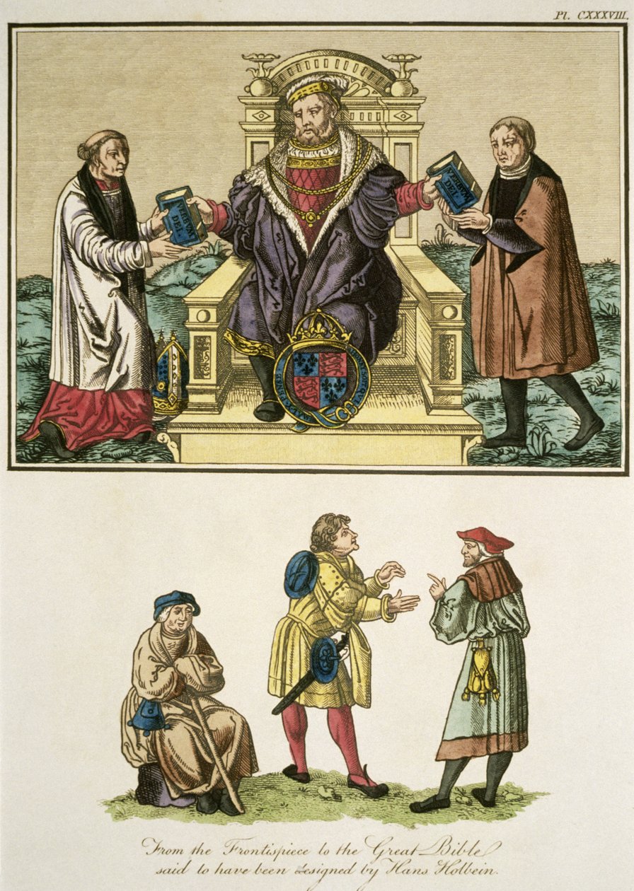 الملك هنري الثامن (1491-1547) من الجزء الأمامي إلى الكتاب المقدس العظيم قيل أنه قد صممه هانز هولبين (14978-1543) التوضيح من المنظر الكامل لفستان وعادات الناس. بواسطة مدرسة اللغة الإنجليزية