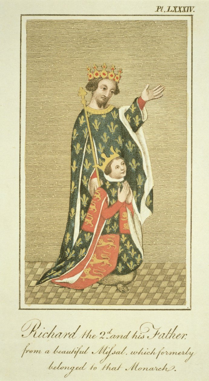 الملك ريتشارد الثاني (1367-1400) مع والده إدوارد (1330-76) الأمير الأسود ، رسم توضيحي من العرض الكامل لفستان وعادات شعب إنجلترا المجلد الثاني ، نشر 1799 (ملون بواسطة مدرسة اللغة الإنجليزية