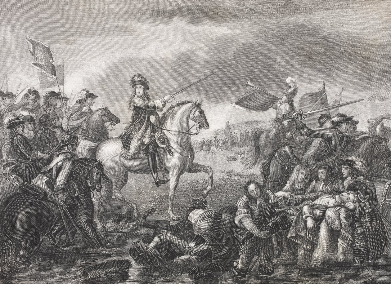 الملك ويليام الثالث في معركة بوين ، 1690 ، من "معرض الصور التاريخية" ، تم نشره عام 1880 بواسطة مدرسة اللغة الإنجليزية