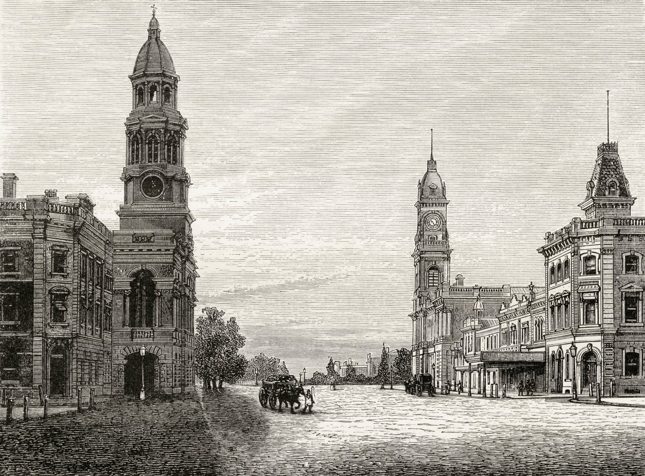 شارع الملك وليام ، أديليد ، c.1880 ، من "الصور الأسترالية" بقلم هوارد ويلوبي ، نشرته جمعية المسالك الدينية ، لندن ، 1886 بواسطة مدرسة اللغة الإنجليزية