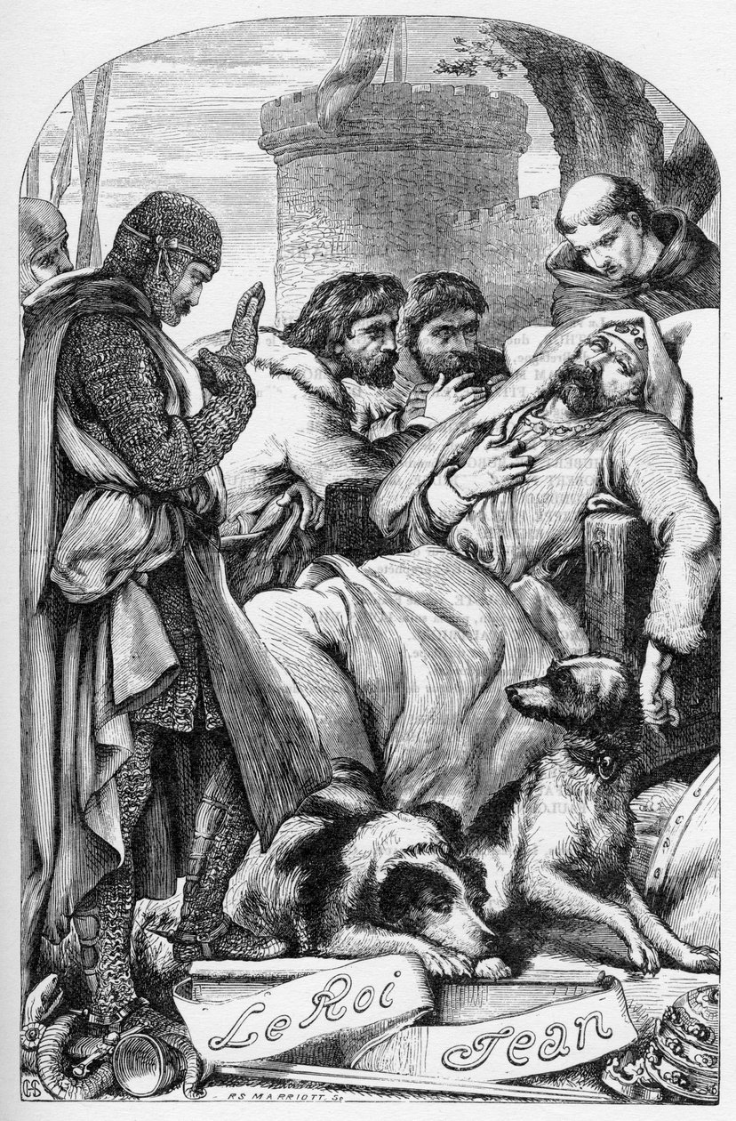 La Vie et la Mort du roi Jean (حياة وموت الملك جون) - (John Lackland) رسم توضيحي في "" Works Complete de William Shakespeare "" 1866 - تم استعارة الرسوم التوضيحية والشكل العام لهذه الطبعة من رسم كاسيل لشكسبير ، حانة بواسطة مدرسة اللغة الإنجليزية