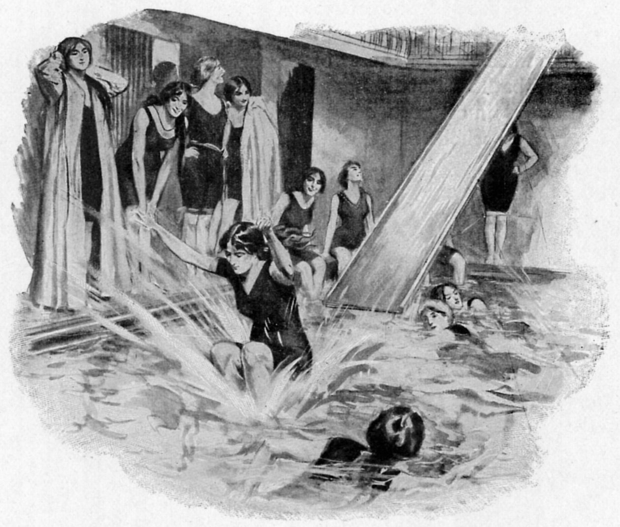 السيدات اللاتي يستخدمن المزلق (نادي الحمام) (ليثو) بواسطة مدرسة اللغة الإنجليزية