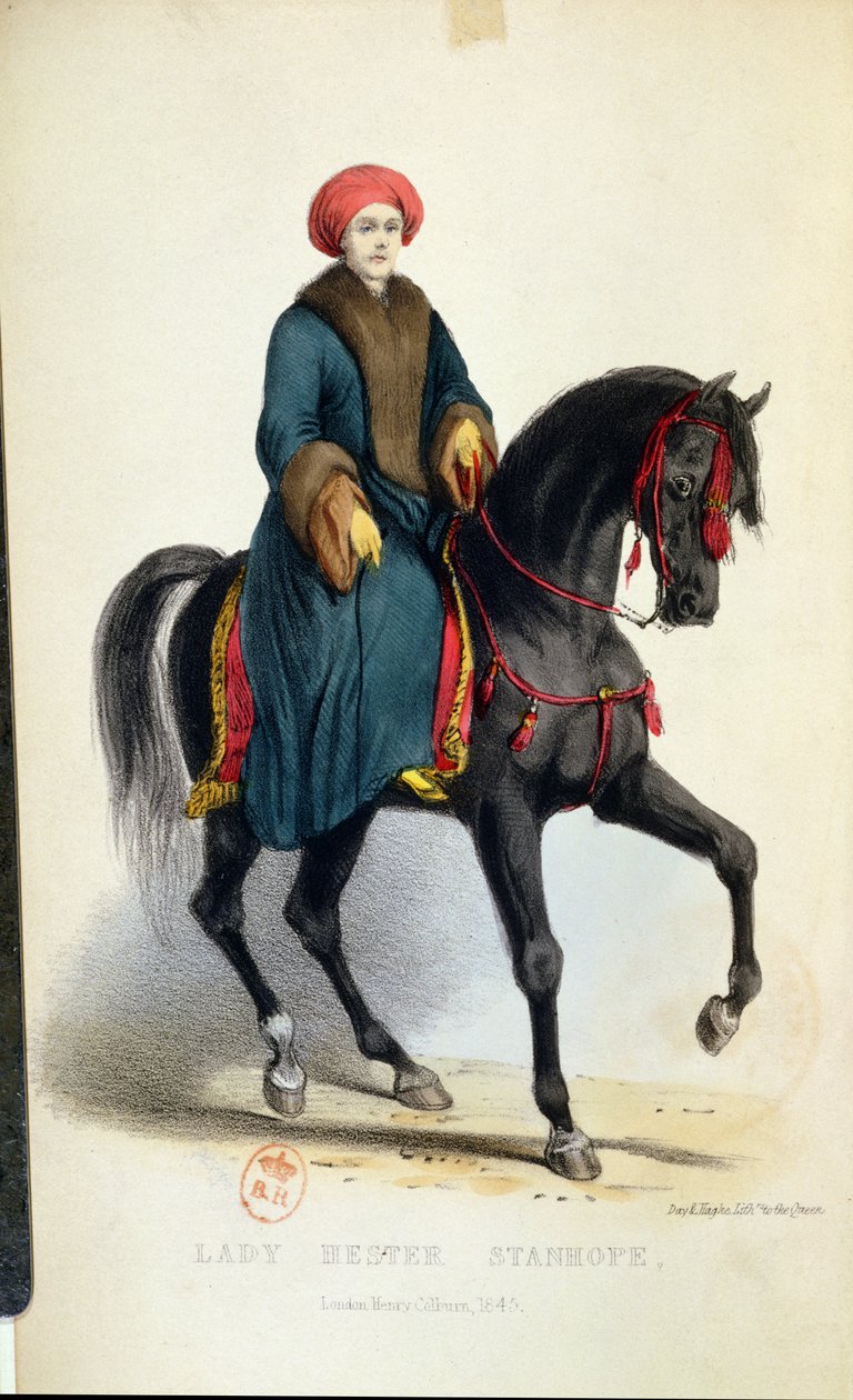 السيدة هيستر لوسي ستانهوب (1776-1839) في لباس عربي ، صورة توضيحية من مذكراتها ، لندن ، 1845 (نقش ملون) بواسطة مدرسة اللغة الإنجليزية