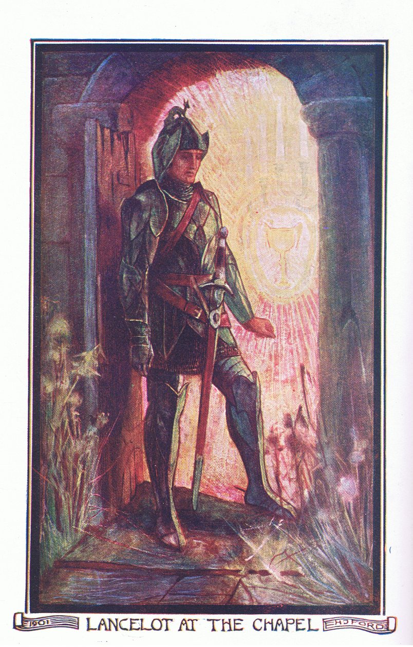 Lancelot at the Chapel ، رسم توضيحي من "كتاب الرومانسية" الذي نشره Longmans Green and Co بواسطة مدرسة اللغة الإنجليزية