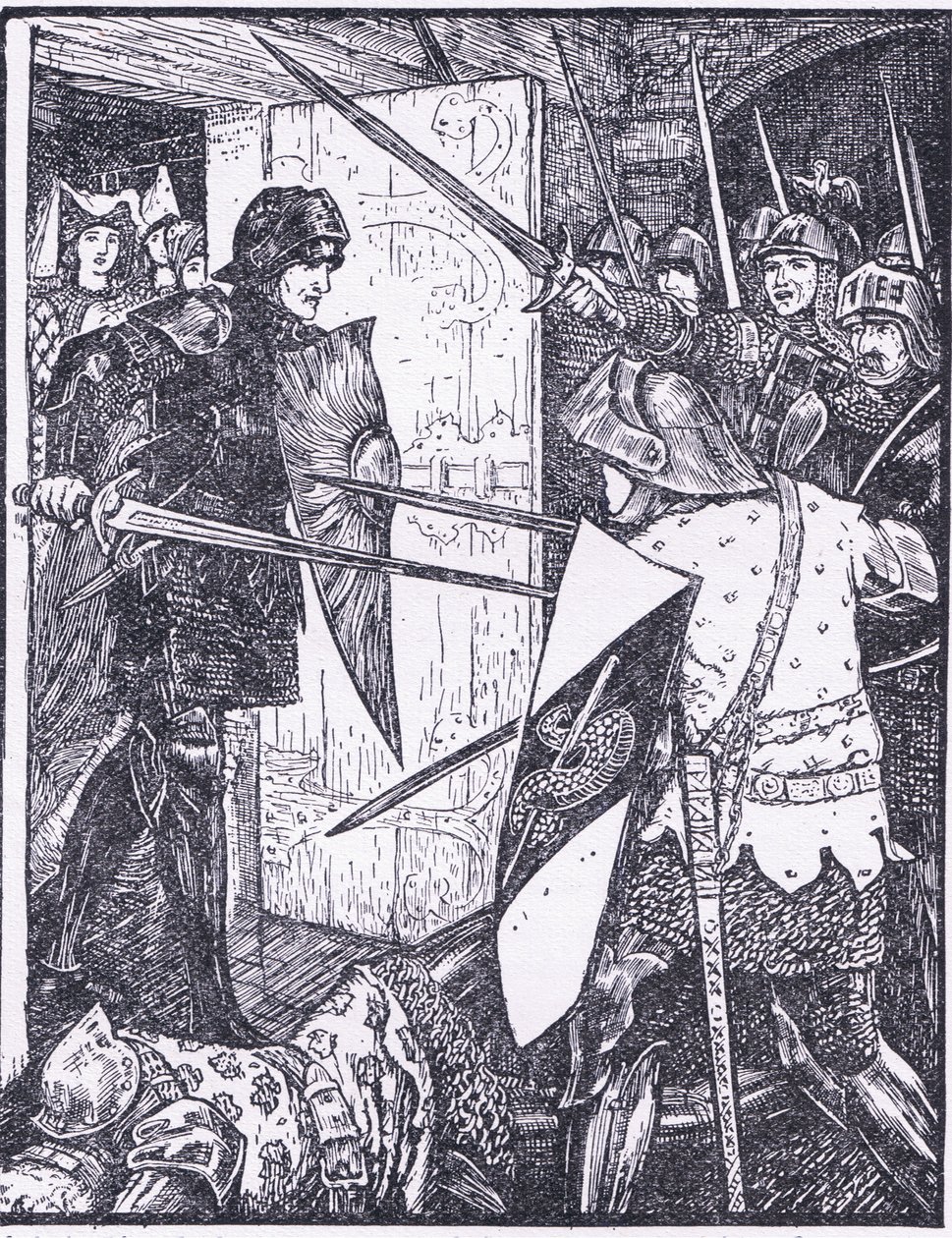 لانسلوت يخرج من غرفة غوينفير ، رسم توضيحي من "كتاب الرومانسية" الذي نشرته شركة Longmans Green and Co بواسطة مدرسة اللغة الإنجليزية