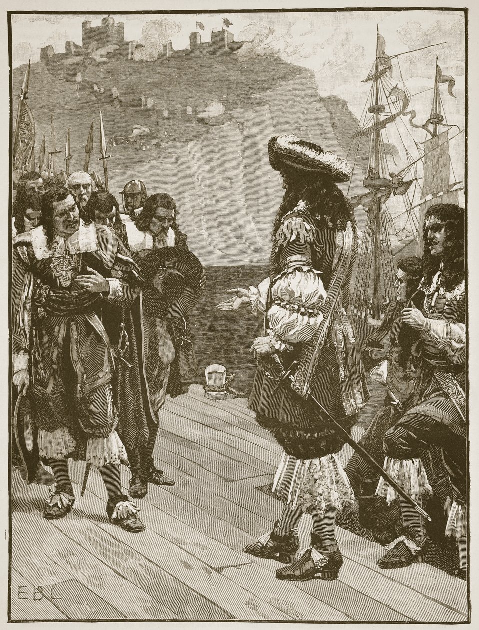 هبوط تشارلز الثاني في دوفر ، 26 مايو 1660 ، رسم توضيحي من Cassells Illustrated History of England (sepia photo) بواسطة مدرسة اللغة الإنجليزية