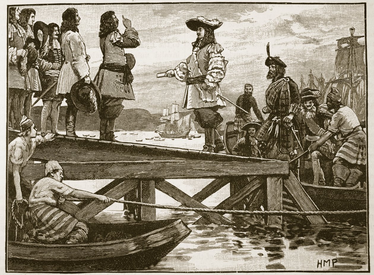 هبوط مارشال شومبرغ في Carrickfergus ، رسم توضيحي من Cassells Illustrated History of England (sepia photo) بواسطة مدرسة اللغة الإنجليزية
