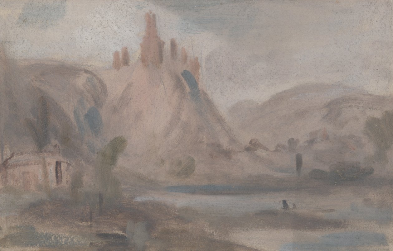 منظر طبيعي مع قلعة على تل ، نُسبت سابقًا إلى JMW Turner (1775-1851) ونُسبت أيضًا إلى Peter de Wint (1784-1849) (زيت على ورق) بواسطة مدرسة اللغة الإنجليزية