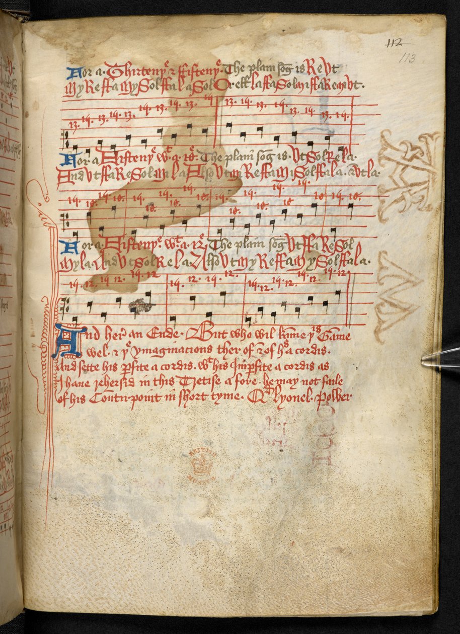 Lansdowne 763، f.113r ، مجلد كتب إلى حد ما على ورق في القرن الخامس عشر ، ويحتوي على رسائل قديمة ومثيرة للاهتمام حول الموسيقى لمؤلفين مختلفين. بواسطة مدرسة اللغة الإنجليزية