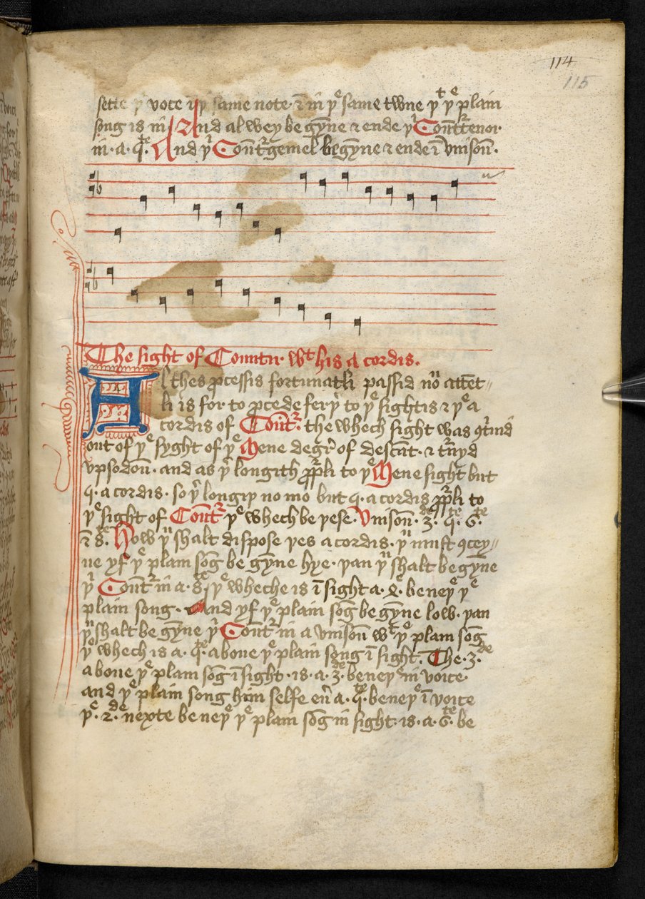 Lansdowne 763، f.115r ، مجلد كتب إلى حد ما على ورق في القرن الخامس عشر ، ويحتوي على أطروحات قديمة ومثيرة للاهتمام حول الموسيقى لمؤلفين مختلفين. بواسطة مدرسة اللغة الإنجليزية