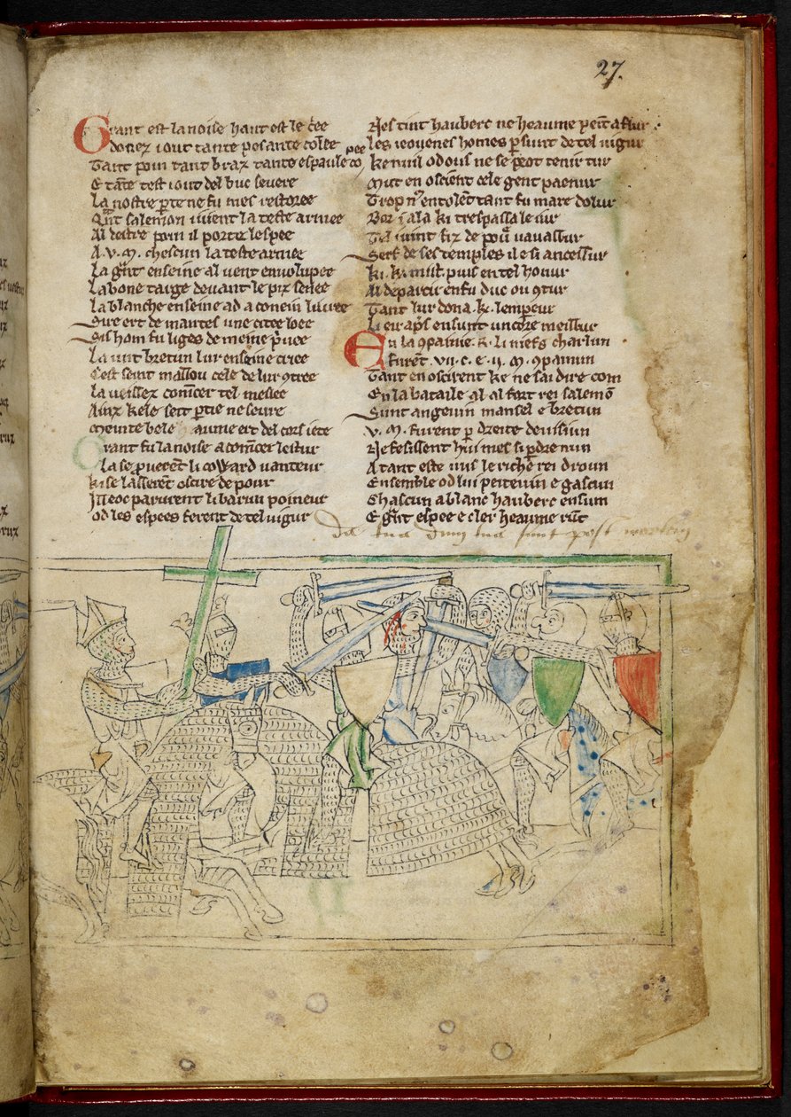 Lansdowne 782 f.27r معركة بين الفرسان الخياليين ، من "Chanson d