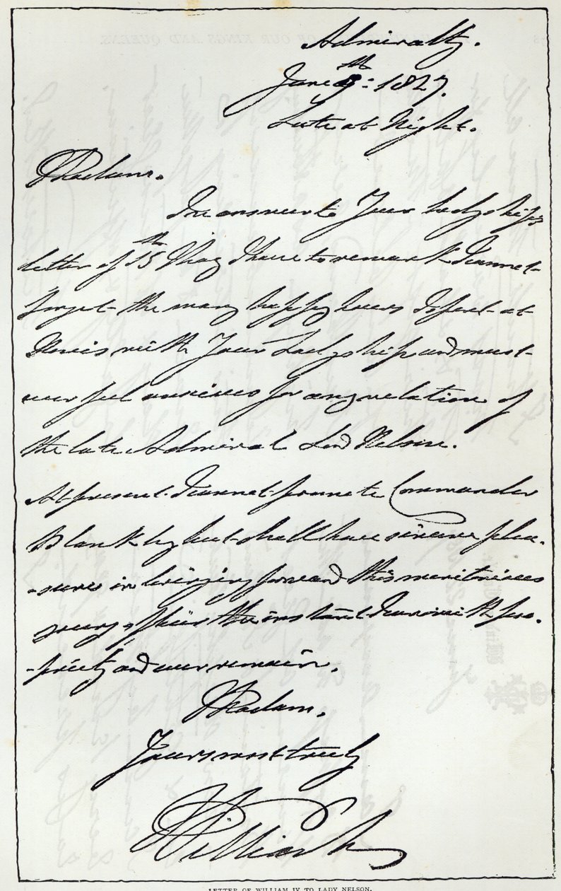 رسالة من وليام الرابع إلى السيدة نيلسون ، 1827 ، منشورة في "ليجر هاوس" ، 1891 بواسطة مدرسة اللغة الإنجليزية