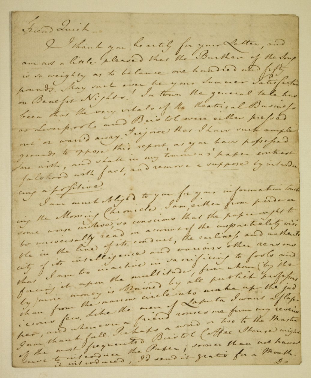 رسالة من ويليام وودفول (1746-1803) إلى الممثل جون كويك (1748-1831) بخصوص مراجعات جون هندرسون الإيجابية في هايماركت بواسطة مدرسة اللغة الإنجليزية