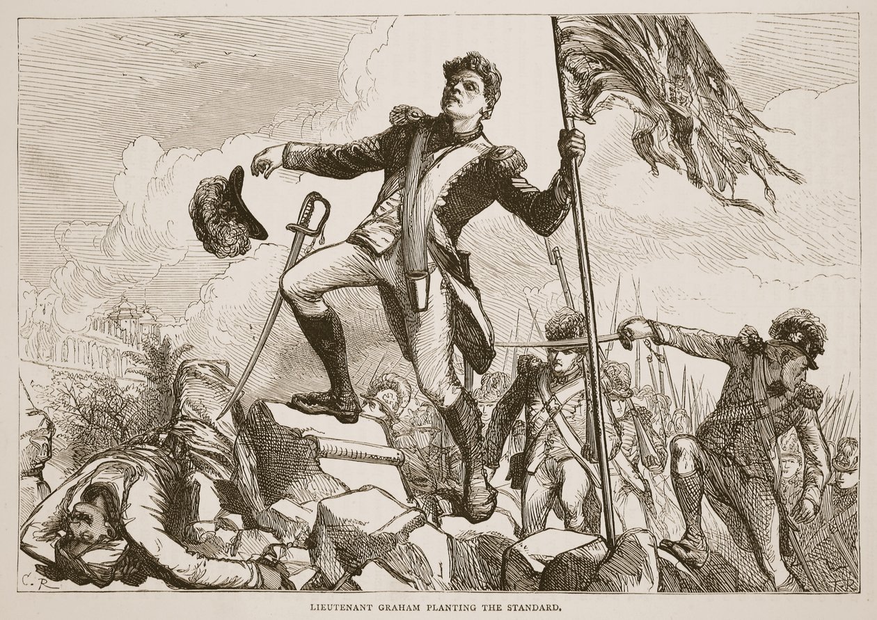 الملازم غراهام يزرع المعيار ، التوضيح من Cassells Illustrated History of India بواسطة جيمس جرانت ، حانة. 1879 بواسطة مدرسة اللغة الإنجليزية