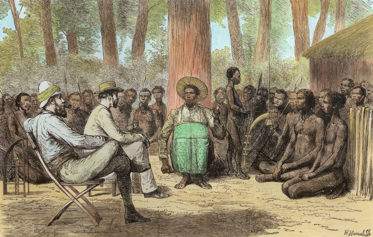 الملازم فيرني لوفيت كاميرونز (1844-1894) استقبال كاتيندي ، محفور بواسطة هوراس هارال (تلوين لاحق) بواسطة مدرسة اللغة الإنجليزية
