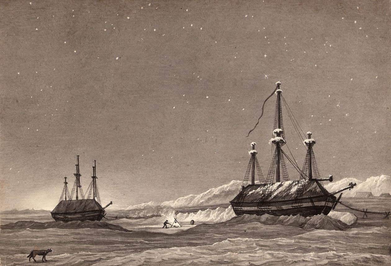 الرحلة الأولى للملازم ويليام باري: HMS Hecla و HMS Griper في وينتر هاربور ، حوالي 1819 (قلم وحبر وغسل على ورق) بواسطة مدرسة اللغة الإنجليزية