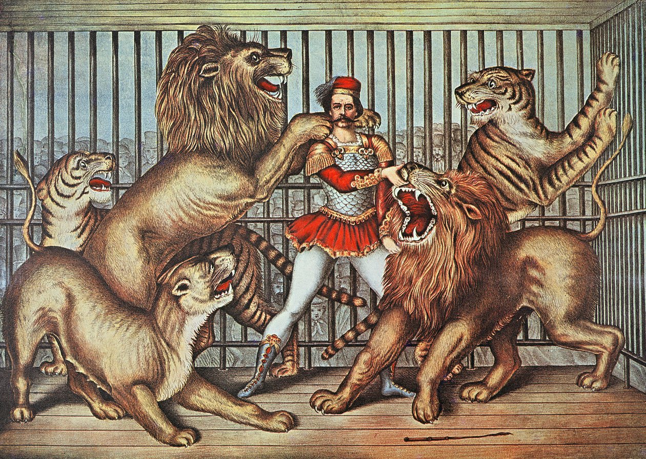Lion Tamer, c.1880 (colour litho) بواسطة مدرسة اللغة الإنجليزية