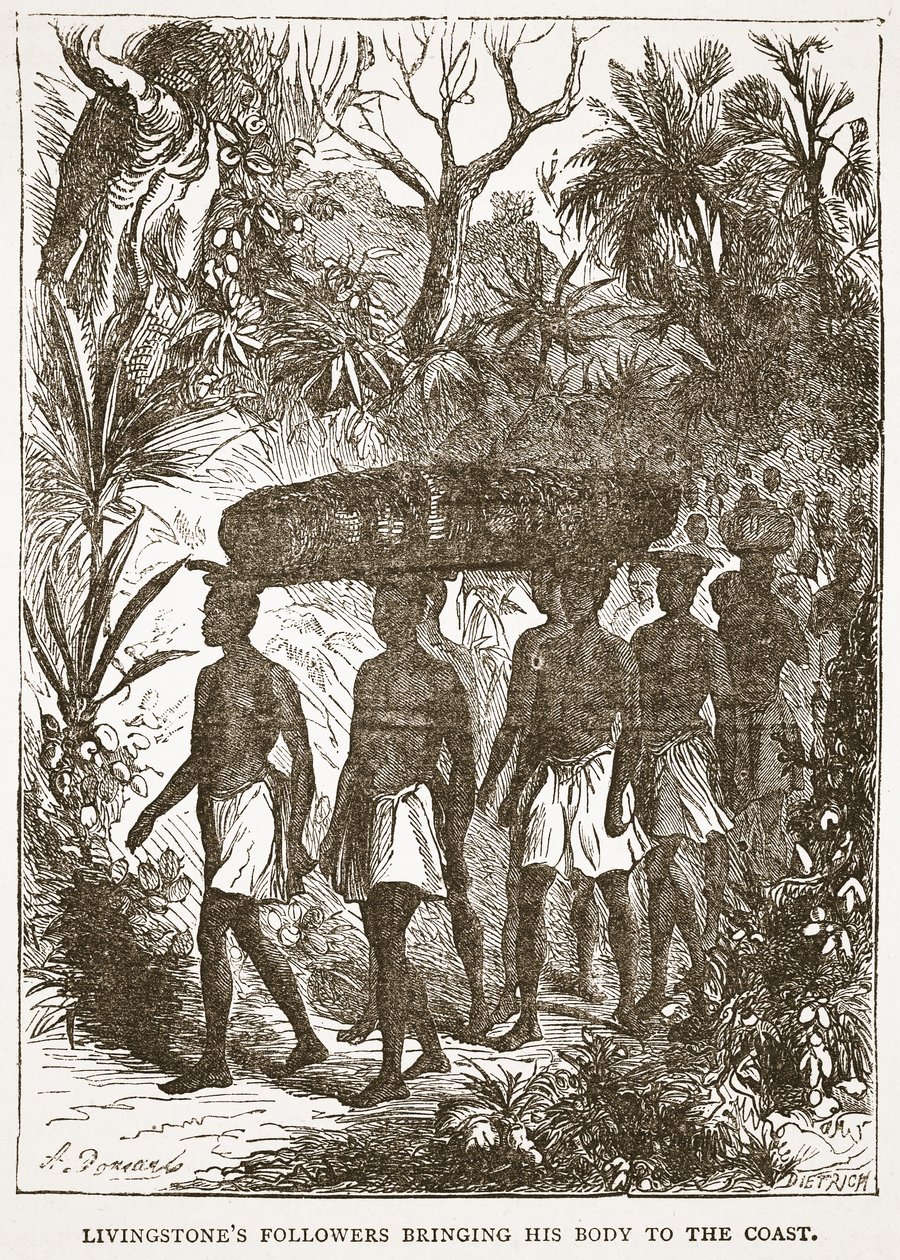 أتباع Livingstones يجلبون جسده إلى الساحل ، توضيح من الطبعة المصورة من الحياة واكتشافات David Livingstone بواسطة J. Ewing Richie ، حانة. بواسطة أ. فولارتون وشركاه ، 1876 (li بواسطة مدرسة اللغة الإنجليزية