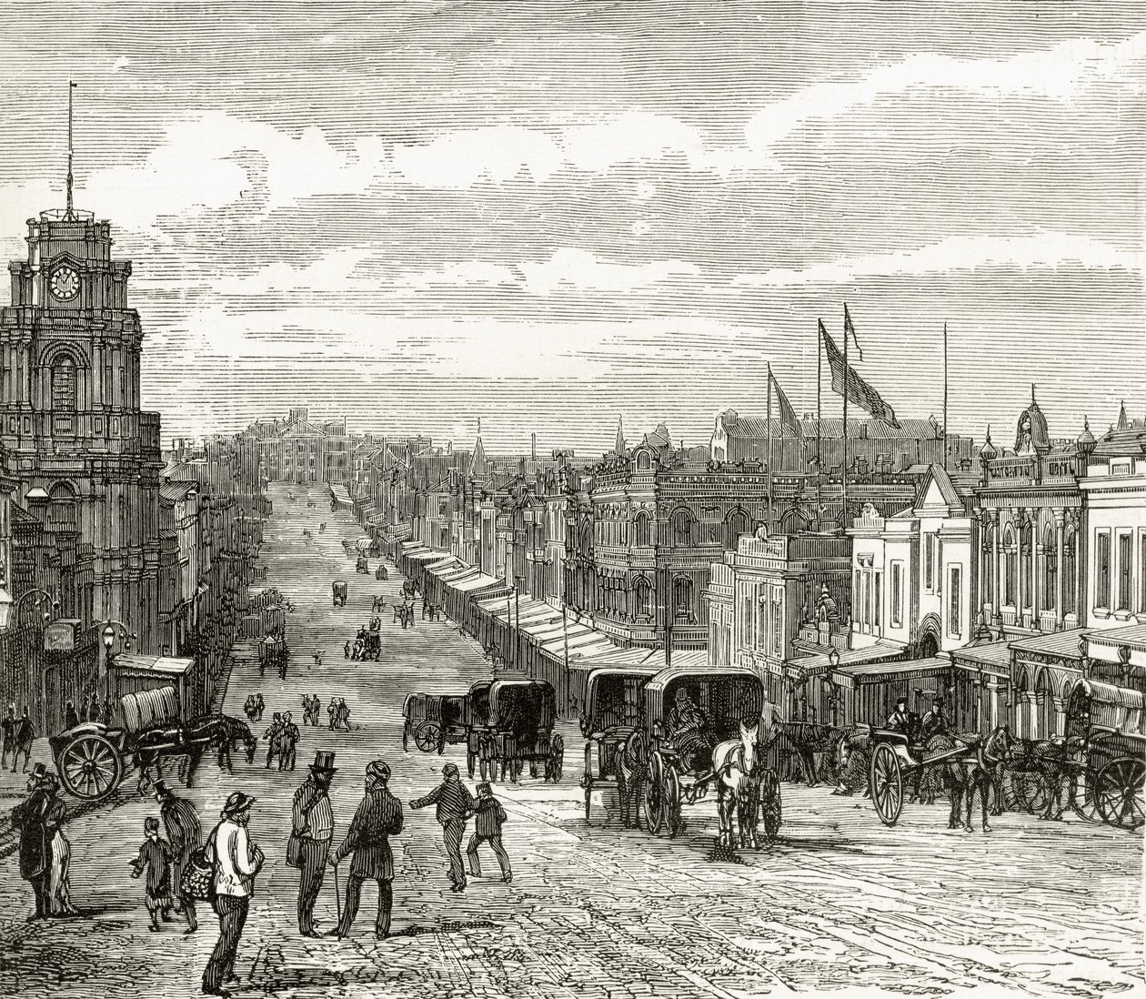 النظر إلى الشرق أسفل شارع بورك ، ملبورن ، 1880 ، من "الصور الأسترالية" بقلم هوارد ويلوبي ، نشرته جمعية المسالك الدينية ، لندن ، 1886 بواسطة مدرسة اللغة الإنجليزية