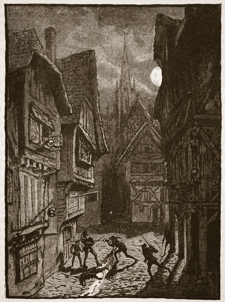اللورد جراي وأتباعه يهاجمون إيرل ساوثامبتون ، رسم توضيحي من Cassells Illustrated History of England (sepia photo) بواسطة مدرسة اللغة الإنجليزية