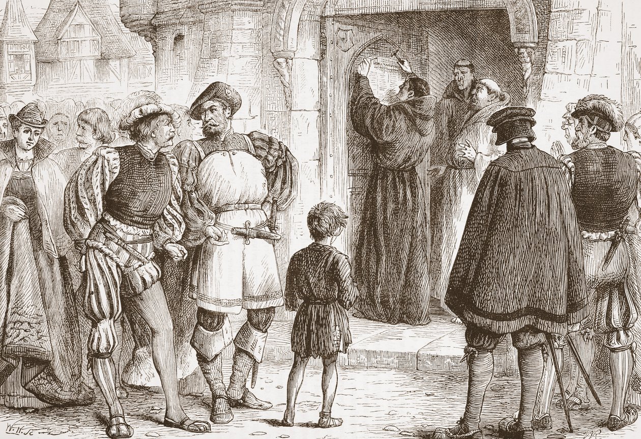 لوثر يسمر أطروحاته إلى باب Schloss-Kirk في Wittemberg ، توضيح من تاريخ البروتستانتية بقلم جيمس أيتكين ويلي (1808-1890) ، حانة. 1878 بواسطة مدرسة اللغة الإنجليزية