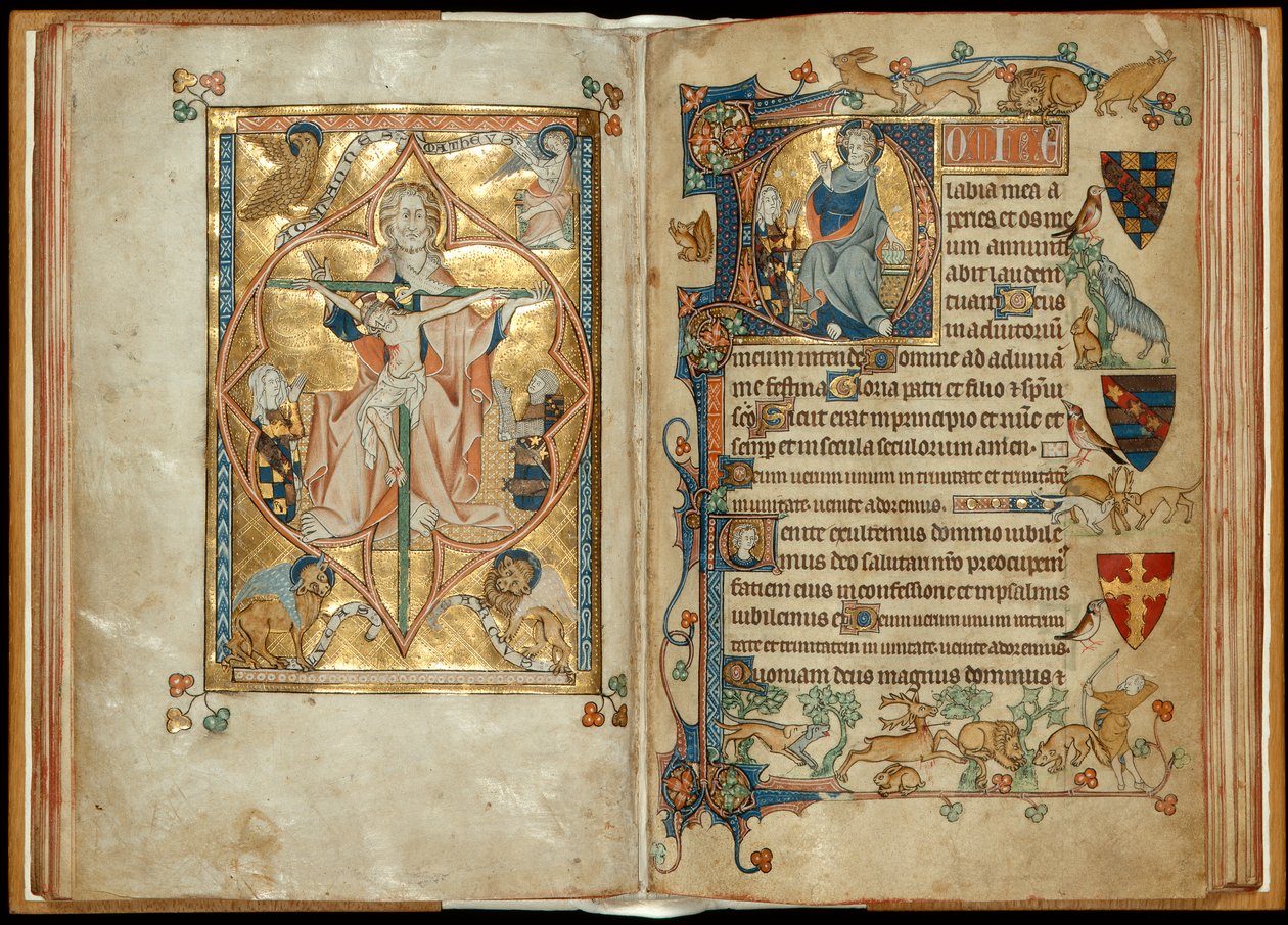 MS 242 و. 28v-29r عرش الرحمة مع الرعاة ، نعمة المسيح مع الراعي ، c.1314-30 (أوراق الذهب و درجة الحرارة على الرق) بواسطة مدرسة اللغة الإنجليزية