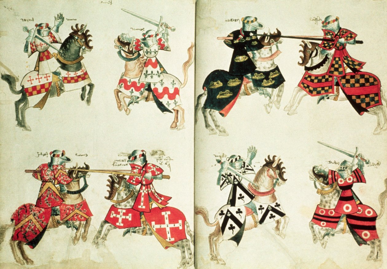 MS Harley 4205 fol.31v-32 فرسان مبارزة يظهرون شعارات شعارات (رق) بواسطة مدرسة اللغة الإنجليزية
