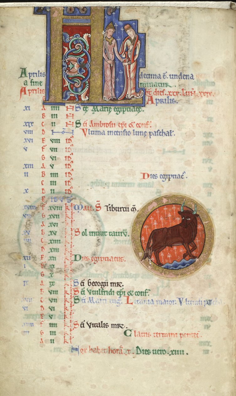 MS Hunter 229 f.2v April ، من Hunterian Psalter ، c.1170 (قلم وحبر ، وتمبرا على ورق) بواسطة مدرسة اللغة الإنجليزية