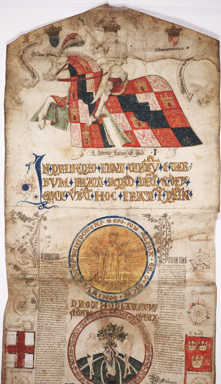 MS Lewis E 201 القسم 1 ، تاريخ العالم من الخلق إلى Woden ، مع علم الأنساب لإدوارد الرابع ، c.1461 (قلم حبر وحبر ، تمبرا وذهب على ورق) بواسطة مدرسة اللغة الإنجليزية