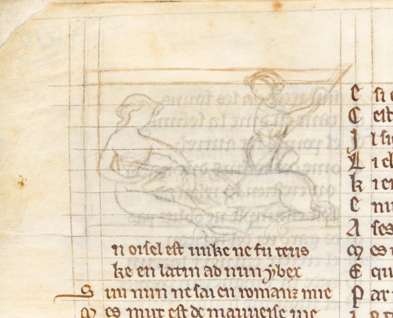 MS McClean 123 f.40v Underdrawing لمنمنمة تظهر صيادًا يمسك وحيد القرن مستلقيًا عارياً في حضن عذراء ، من كتاب Nuneaton ، حوالي 1280-1300 (حبر على ورق) (تفاصيل 418062) بواسطة مدرسة اللغة الإنجليزية