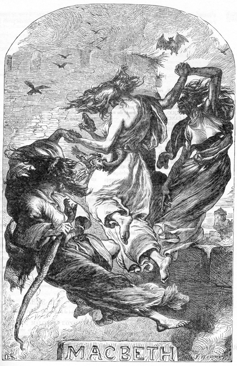 ماكبث - رسم توضيحي في "" Completes de William Shakespeare "" 1866 - تم استعارة الرسوم التوضيحية والشكل العام لهذه الطبعة من شكسبير المصور لكاسيل ، والذي نُشر في لندن بواسطة مدرسة اللغة الإنجليزية