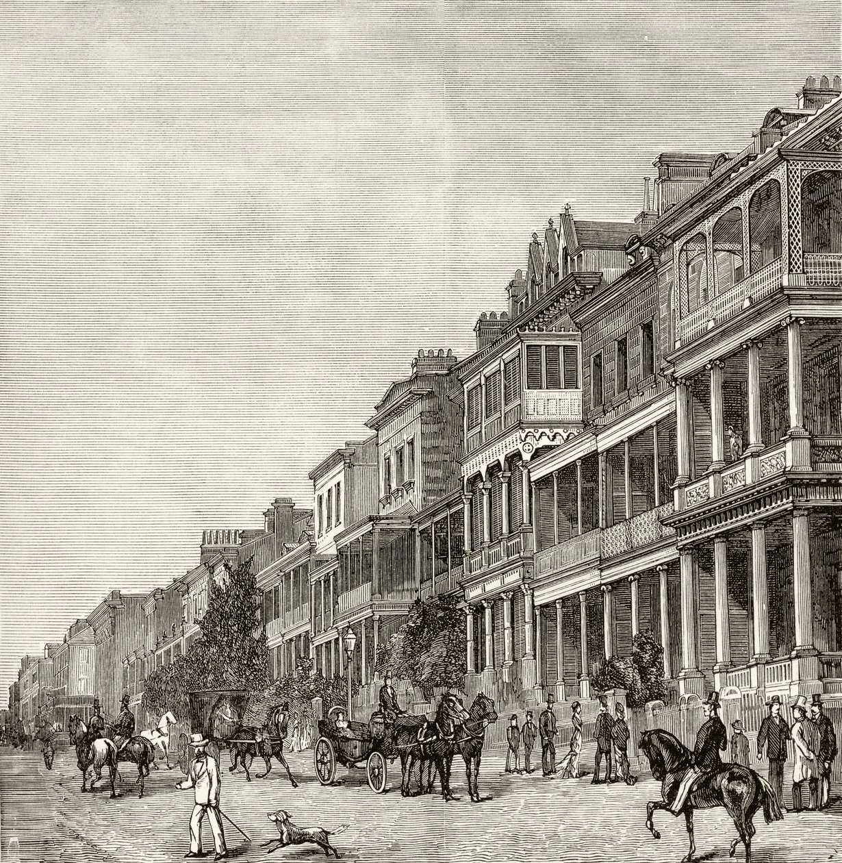 شارع Macquarie ، سيدني ، c.1880 ، من "الصور الأسترالية" لهوارد ويلوبي ، نشرته جمعية المسالك الدينية ، لندن ، 1886 بواسطة مدرسة اللغة الإنجليزية
