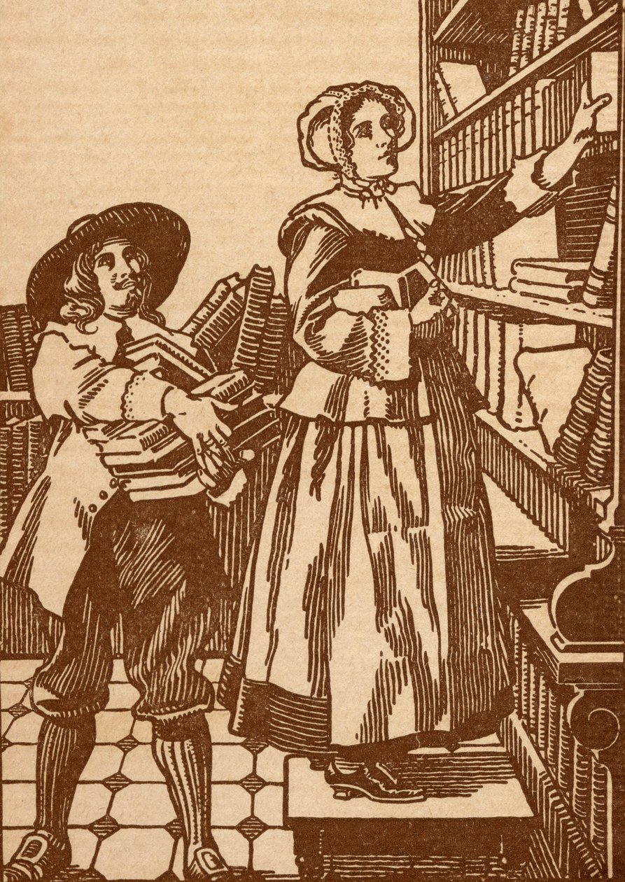 بائعو الكتب من الذكور والإناث الذين يعملون في مكتبة كتب من القرن السابع عشر (ليثو) بواسطة مدرسة اللغة الإنجليزية