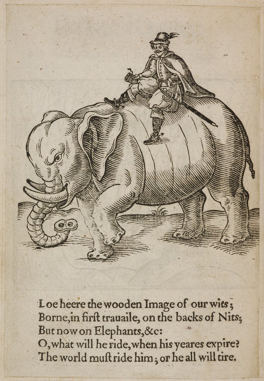 رجل يركب فيلًا ، رسم توضيحي من "Thomas Coriate Traueller for the English Wits" بواسطة مدرسة اللغة الإنجليزية