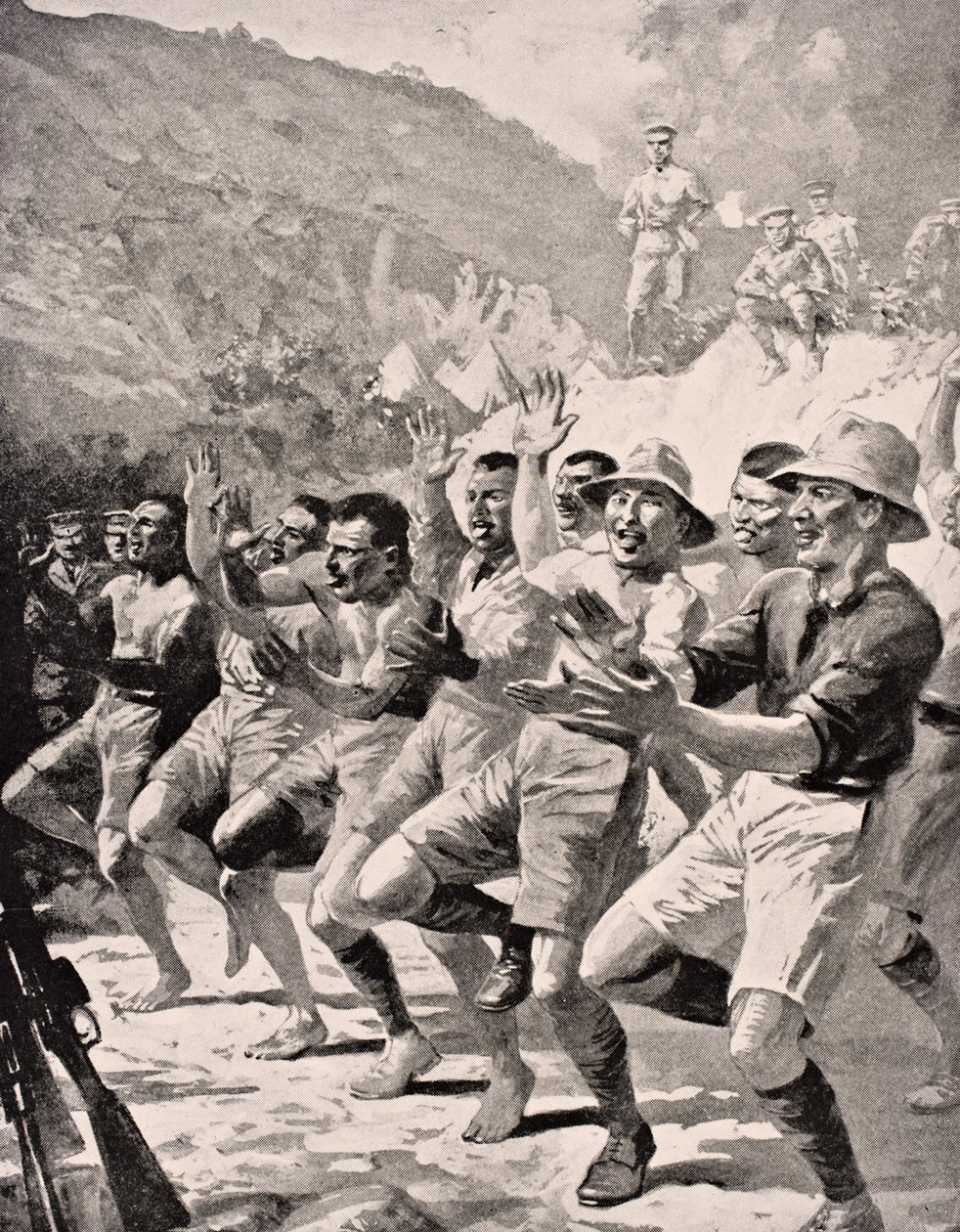 جنود الماوري يؤدون Haka في Gaba Tepe في شبه جزيرة Gallipoli Turkey 1915 ، من `` The War Illustrated Album deLuxe &39;&39; ، المنشور في لندن ، 1916 بواسطة مدرسة اللغة الإنجليزية