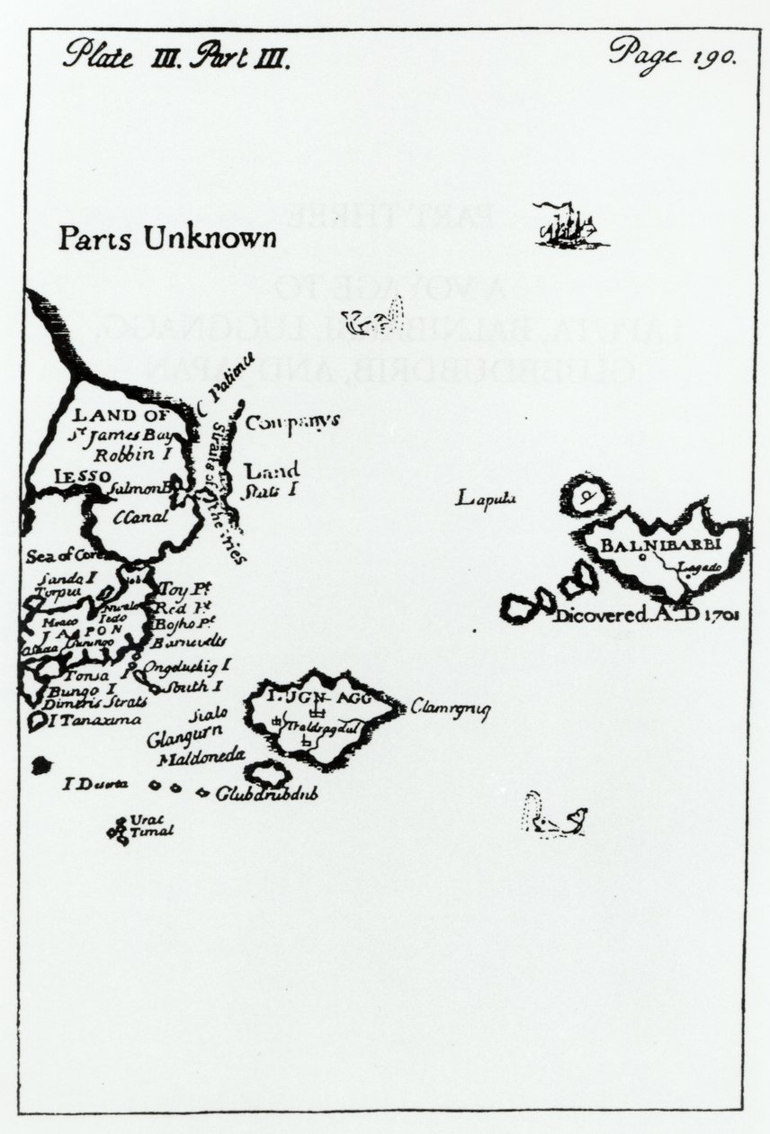 خريطة من رحلات جاليفر من جوناثان سويفت (1667-1745) بواسطة مدرسة اللغة الإنجليزية