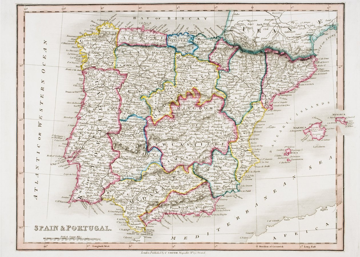 خريطة إسبانيا والبرتغال ، من "أطلس سميث العام" ، نشرها C. Smith Mapseller ، لندن عام 1850 (لون ليثو) بواسطة مدرسة اللغة الإنجليزية