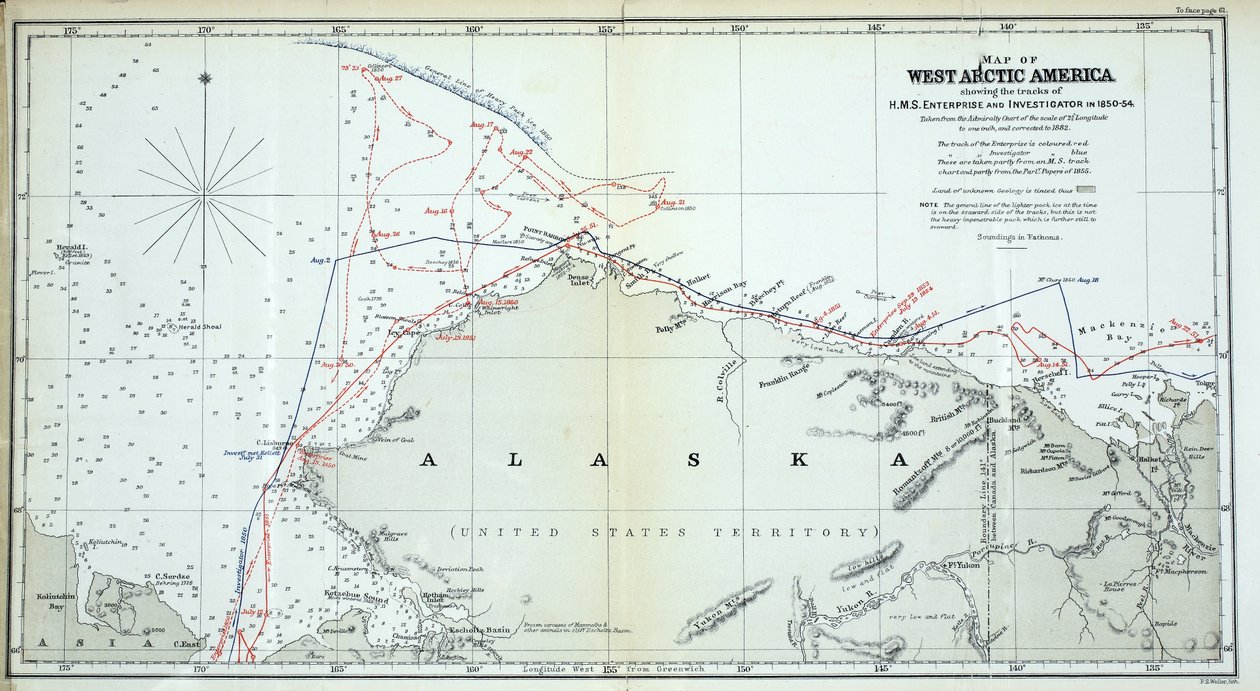 خريطة لأمريكا الشمالية الغربية تظهر مسارات شركة HMS Enterprise والمحقق في 1850-1854 بواسطة مدرسة اللغة الإنجليزية