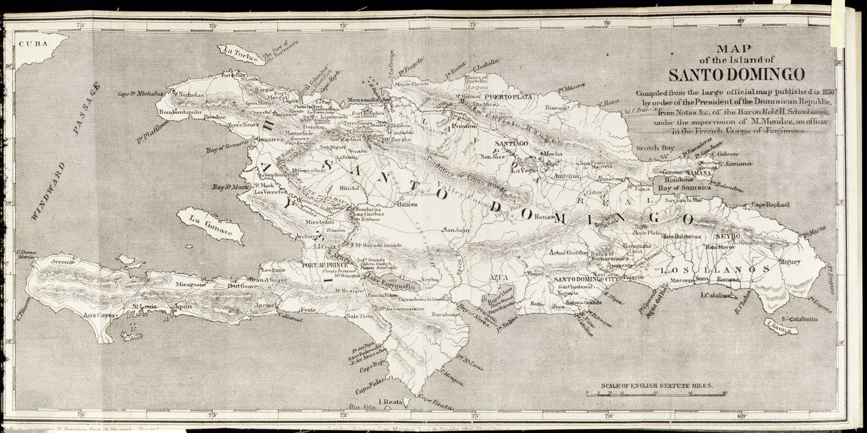 خريطة لجزيرة سانتو دومينغو ، من "الماضي والحاضر سانتو دومينغو" بقلم صامويل هازارد ، حانة. 1873 (فوتوليثو) بواسطة مدرسة اللغة الإنجليزية