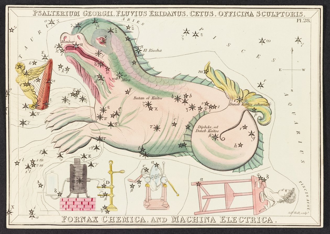 الخرائط C.44.A.42 Fornax Chemica و Machina Electrica ، من مرآة Urania ؛ أو منظر السماء. [علبة بها ٣٢ بطاقة]. بقلم يهوشافاط أسبن بواسطة مدرسة اللغة الإنجليزية