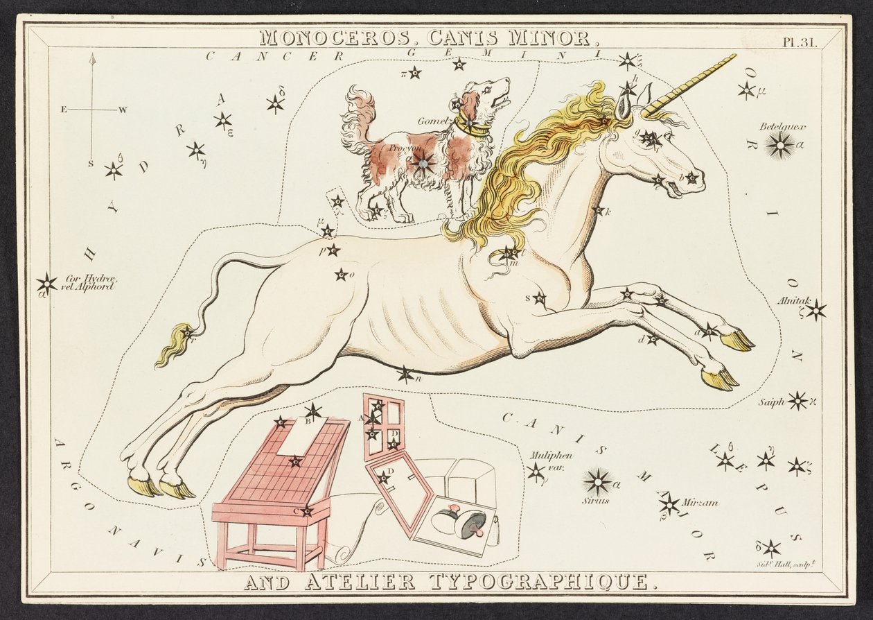 الخرائط C.44.A.42 Monoceros. كانيس مينور. وأتيليه تيبوجرافيك ، من مرآة أورانيا ؛ أو منظر السماء. [علبة بها ٣٢ بطاقة]. بقلم يهوشافاط أسبن بواسطة مدرسة اللغة الإنجليزية