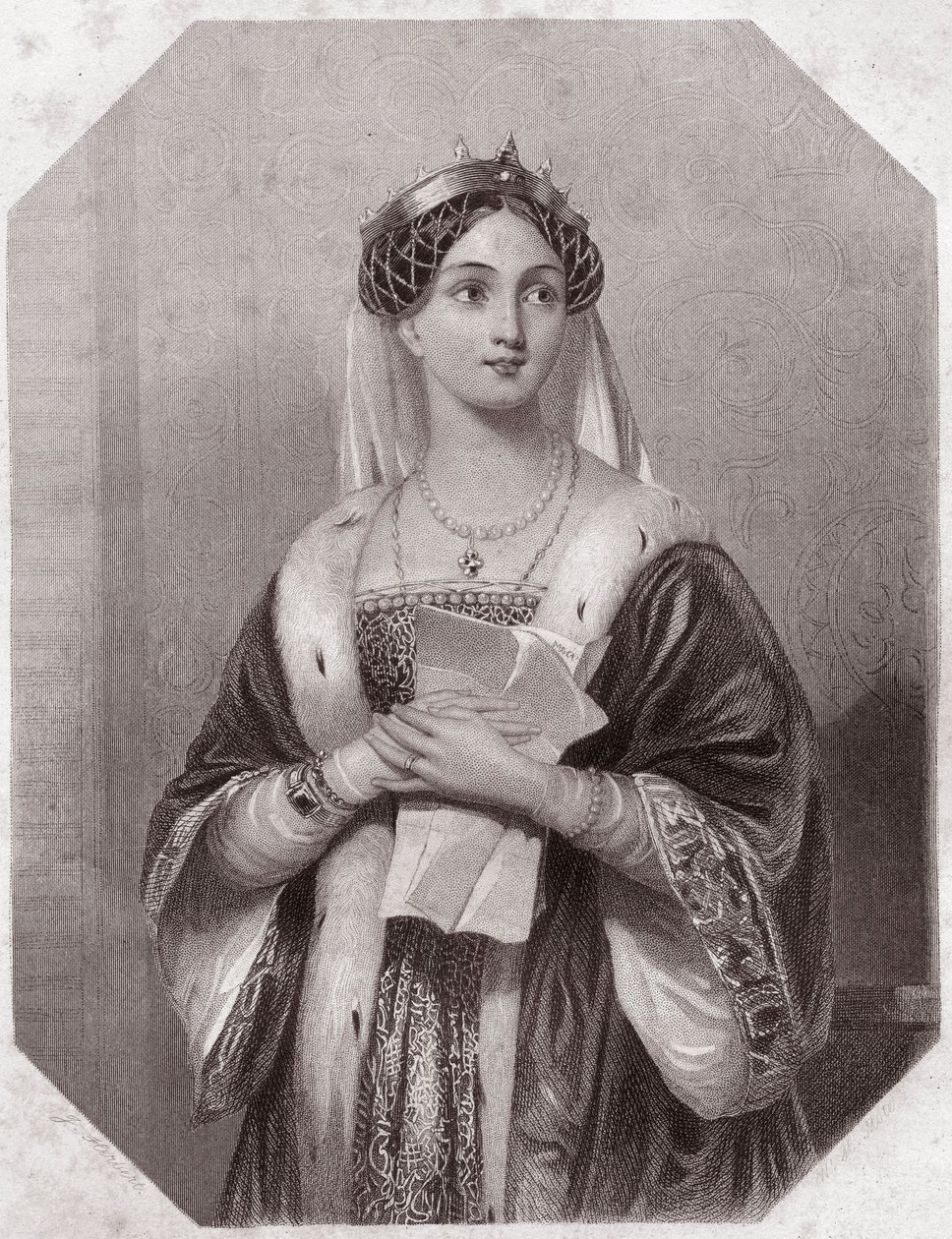 Marguerite d'Anjou (1430-1482) (تراجيديا هنري السادس في 5 أعمال) في - "" Galerie des femmes de Shakespeare ، مجموعة من خمسة وأربعين صورة جادة للفنانين الأوائل في لندن ، غنية بالإشعارات النقدية والأدبية "" "حوالي عام 1838 - من&q بواسطة مدرسة اللغة الإنجليزية